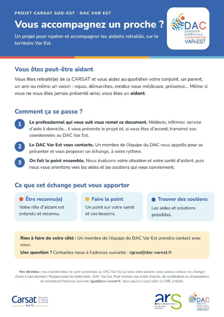 Aperçu du flyer « Vous accompagnez un proche ? » – Projet CARSAT Sud-Est · DAC Var Est